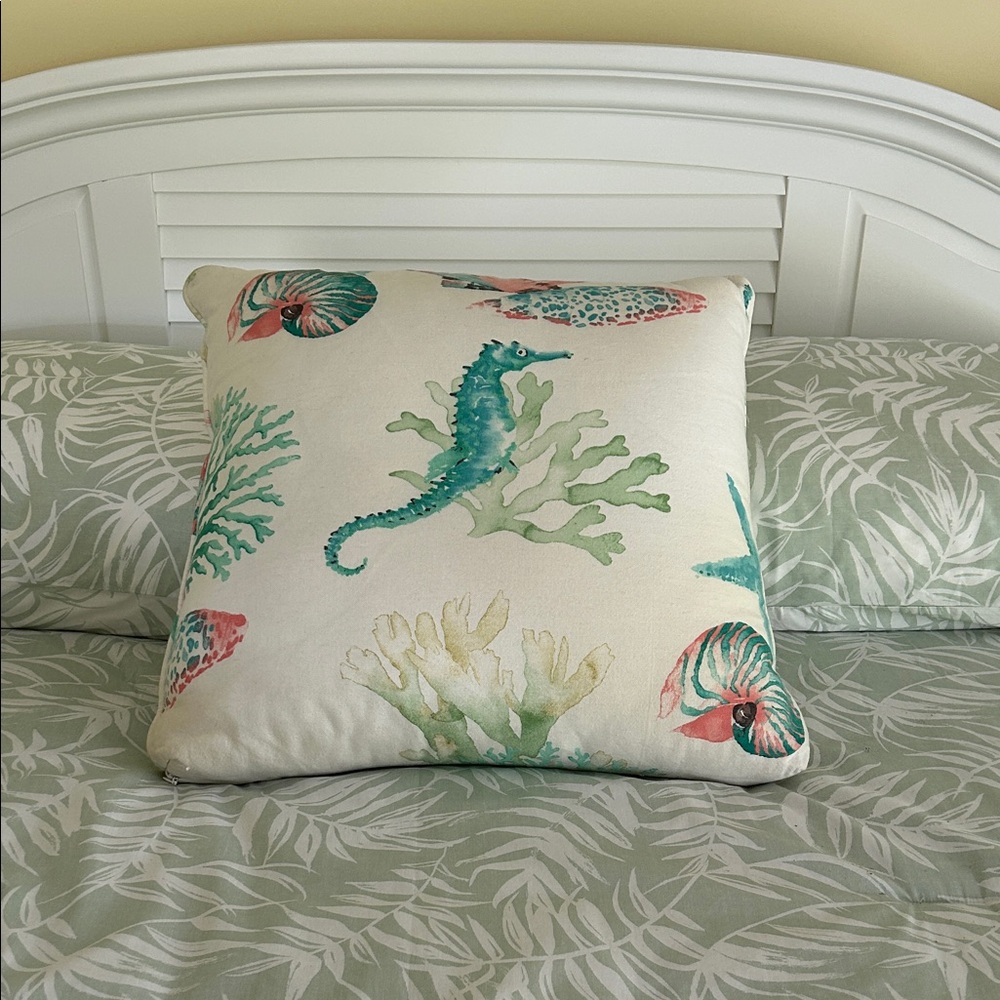 Coastal Theme Living Room Bedroom Accent Pillow Seahorse Shells Zippered 1 of 2